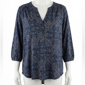 Lucky Brand Navy Blue Bandana Print Split Neck Peasant Top Blouse Shirt Plus 1X